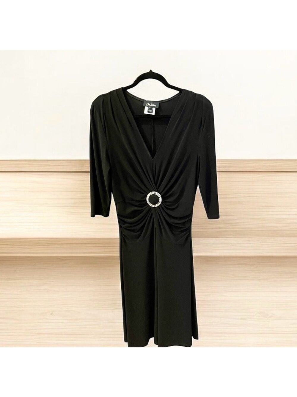Nueva Ruched Black Dress, Size 8, Round Diamond Embellishment, 3/4 Sleev…